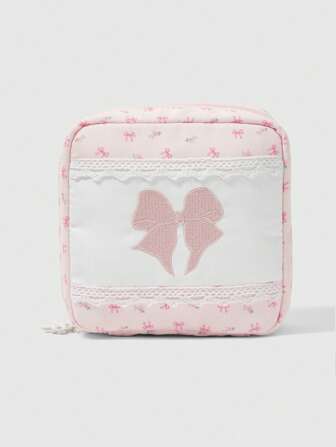 Kawaii Bolsa de maquillaje portátil con gran capacidad, acolchada y reforzada, con estampado de moño rosa y fresas, bolso cuadrado pequeño 401422