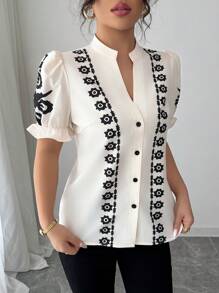 Elenzga 优雅度假风印花缺口领泡泡袖衬衫 - 彩色 - 查看 3