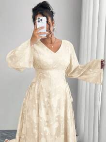 Modelyn Plus Size Elegant Solid Color Cut-Out Cross Tie Waist Flared Sleeve Dress - Apricot - View 7