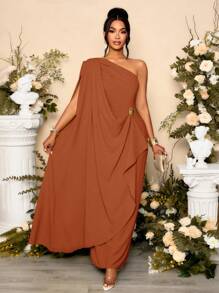 SOLERSUN 女士时尚优雅垂坠单肩长裙，配金色饰边细节 - 咖啡棕 - 查看 7