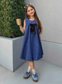SHEIN Leap Crew Nova Glow Tween Girls Casual Vintage Style Decorative Big Bow Round Neck Sleeveless Dress - Blue - View 4