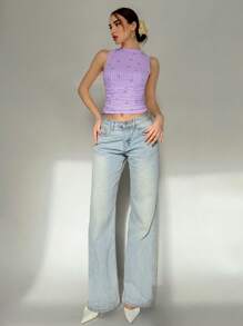 Aloruh Women's Casual Knitted Off-The-Shoulder Tank Top: Lavender Gingham Bow Print Sleeveless Ruched Regular Length Cami For Everyday Wear - Multicolor - View 4