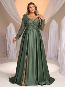 Glamrae 大码优雅奢华浪漫V领长袖法式蕾丝雪纺连衣裙，荷叶边露背设计，闪亮缎面超大码A字裙摆婚纱，新娘，情人节 - 綠色 - 查看 7