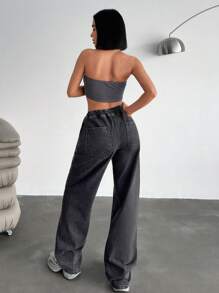 EURMUSE Relaxed Fit Straight Leg Distressed Wash Elastic Waist Jeans - Black - View 3