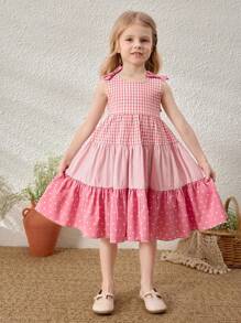 Blossori Young Girls' Elegant Loose Pink Patchwork Sleeveless Dress, Spring/Summer - Pink - View 7