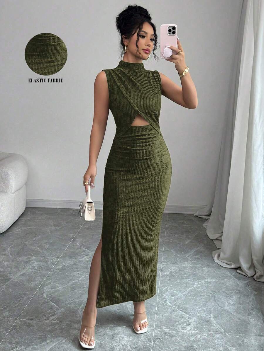 Rafferiza Váy vải họa tiết không tay cổ cao khoét eo màu đen cho nữ - Màu xanh Ô liu - Xem 1