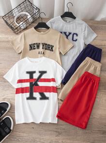 SHEIN 6 件套青少年男孩休闲宽松字母图案印花圆领 T 恤和短裤套装，2 件装适合通勤、上学、日常休闲装、运动、春夏 - 彩色 - 查看 2