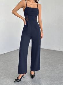 SHEIN PETITE 夏季垂领黑色连体裤、复古蕾丝镂空、阔腿连体裤、婚礼女士连体裤、秋冬连体裤、教师服装、老款连体裤、商务休闲连体裤、早午餐连体裤、外出连体裤、正式连体裤 - 藏蓝色 - 查看 7