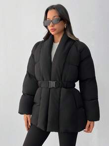 EURMUSE Manteau rembourré avec ceinture épaisse, poches, manteau d'hiver matelassé pour femme - Noir - Voir 1