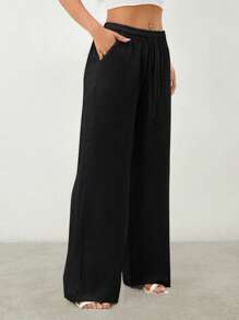 SHEIN PETITE Women's Tie-Front Trousers With Pockets Festival - Black - View 6