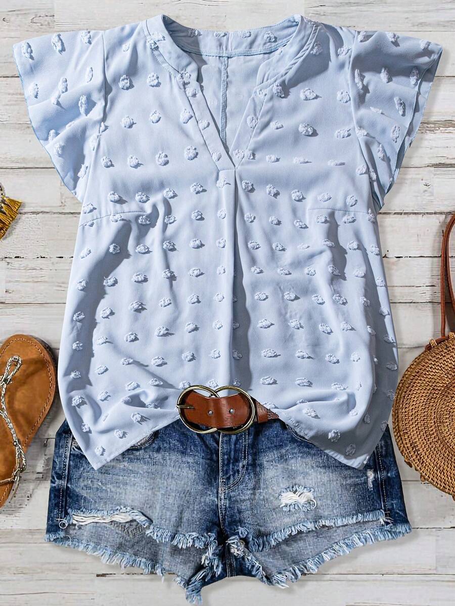 SHEIN LUNE Plus Size Women Elegant & Comfortable Jacquard Fabric Short Sleeve V-Neck Blouse