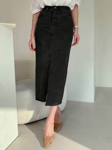 DAZY Women's Casual Washed Front Slit Denim Skirt Jeans Skirt Fall,Winter - Black - View 4