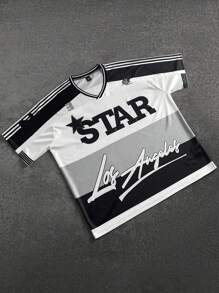 Manfinity Roghcode Manfinity Streetrush Men's V-Neck Short-Sleeved White Autumn Streetwear City Break Letter Print Ribbon Color Matching Los Angeles Graphic Star Jersey - White - View 1