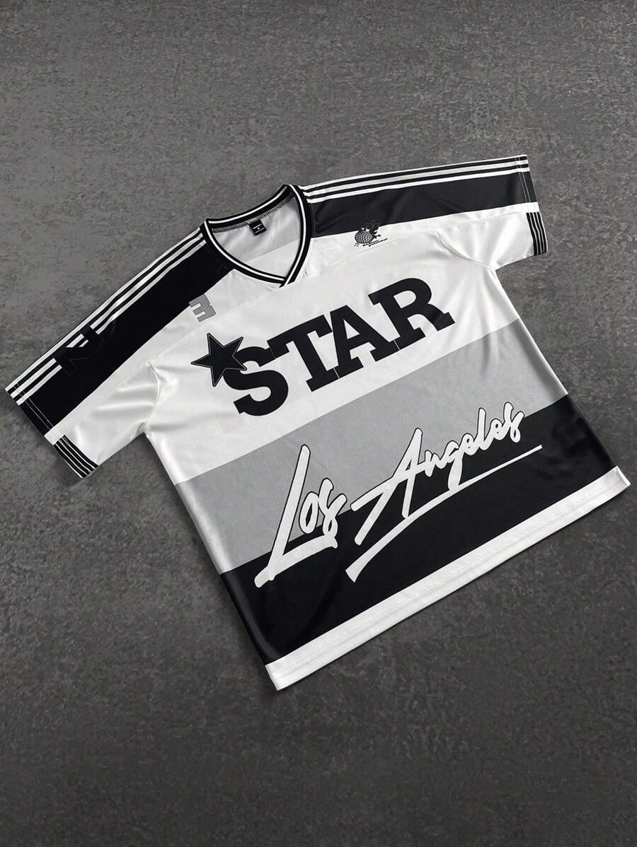 Manfinity Roghcode Manfinity Streetrush Men's V-Neck Short-Sleeved White Autumn Streetwear City Break Letter Print Ribbon Color Matching Los Angeles Graphic Star Jersey - White - View 1