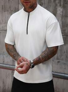 Manfinity Homme 男士休闲短袖纯色 Polo 衫，前拉链，夏季