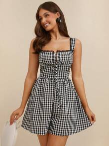 L'Amorae Women's Casual Plaid Tie-Front Dress, Summer - Black - View 1