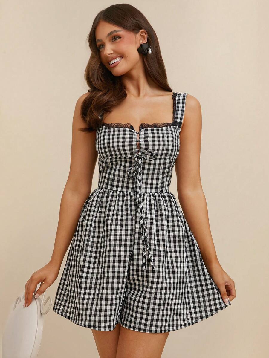 L'Amorae Women's Casual Plaid Tie-Front Dress, Summer - Black - View 1