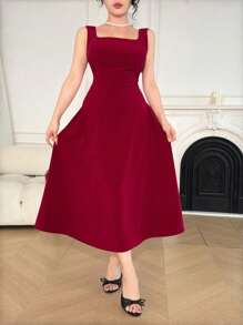DAZY Sleeveless Square Neckline Solid Color Long Dress For Women Red Women Dresses,New Year - Burgundy - View 7