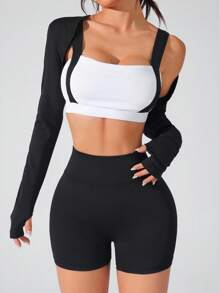 SHEIN Sports Ensemble de sport comprenant un Top à manches longues avec bretelles épaisses ajusté de blocs de couleurs et un short noir