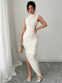 Elenzga Women Wave Texture Bodycon High Slit Dress - Apricot - View 3