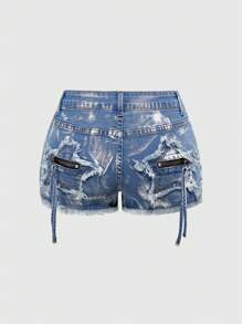 ROMWE J-Fashion Vintage Y2K Sexy Low Waist Leopard Patchwork Washed Street Style Women Denim Shorts - Blue - View 1