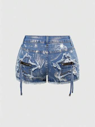 J-Fashion Short en jean vintage pour femmes, taille basse, style de rue, style patchwork léopard lavé