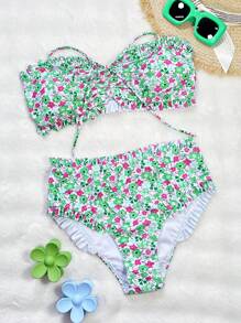 Swim Vcay Ditsy Floral Two Pieces Swimwear, Random Pattern, Ruffled Edges For Summer Beach Vacation - Multicolor - View 3