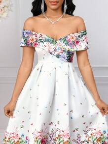 SHEIN Lady 女士花卉印花 V 领单肩露肩优雅婚礼宾客鸡尾酒会礼服女士夏季服装复活节礼服女士端庄礼服露肩淡色花卉优雅度假服装女士休闲复活节礼服女士度假服装 - 彩色 - 查看 3