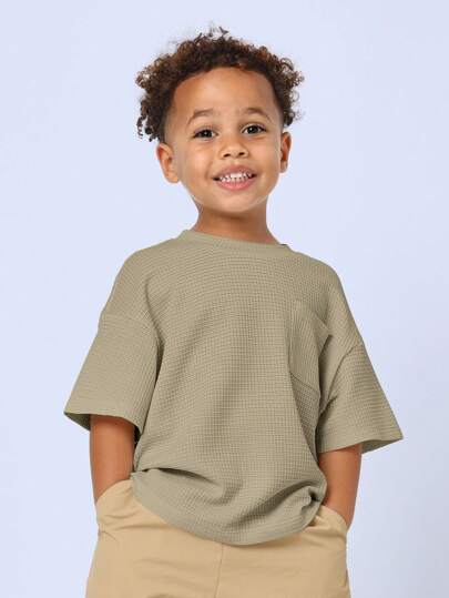  SUMWON Kids Waffle Knit Oversized T-Shirt Casual Wear Short Sleeve Crewneck Comfortable Daily Wear Top Boys Basic Essential Spring Summer Vacation