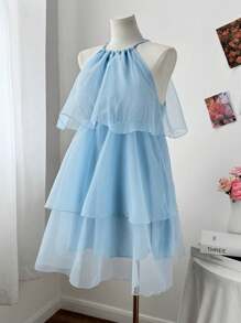 Flirla Vestido Plus Size Cor Sólida Organza Babados Cintura Amarrada