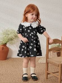 Blossori Baby Mädchen Schwarzes Blümchen Kleid mit gerüschtem Kragen, Frühling/Sommer