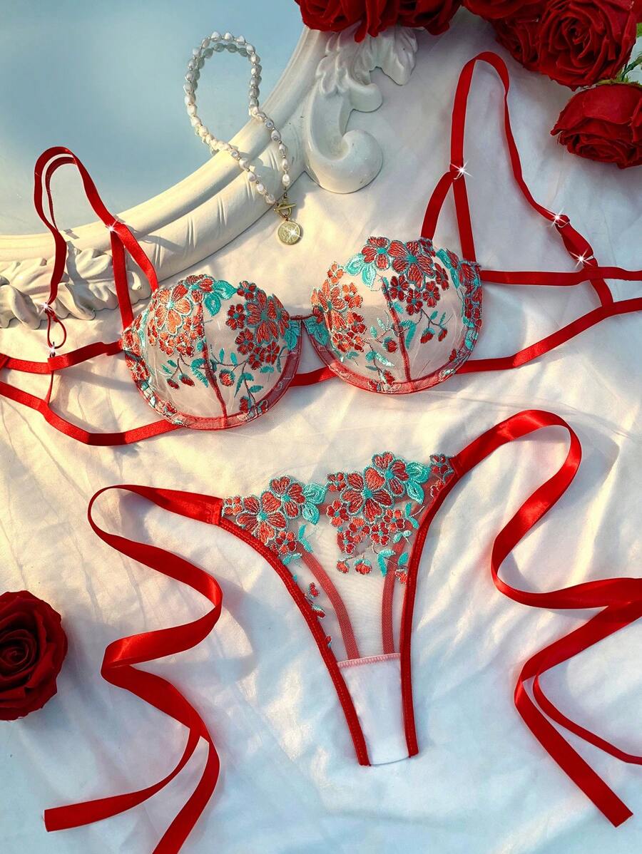 Esselle 2件套女士天蓝色刺绣性感内衣文胸和内裤套装 - 酒紅色 - 查看 1