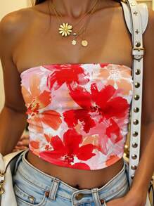 SHEIN EZwear Women Casual Full Floral Print Tight Fit Camisole Suitable For Summer, Resort Style - White - View 1