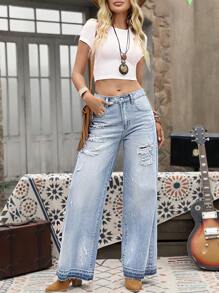 EMERY ROSE Jeans de mezclilla holgados y anchos con efecto desgastado para mujer, casuales para vacaciones - Azul - Ver 3