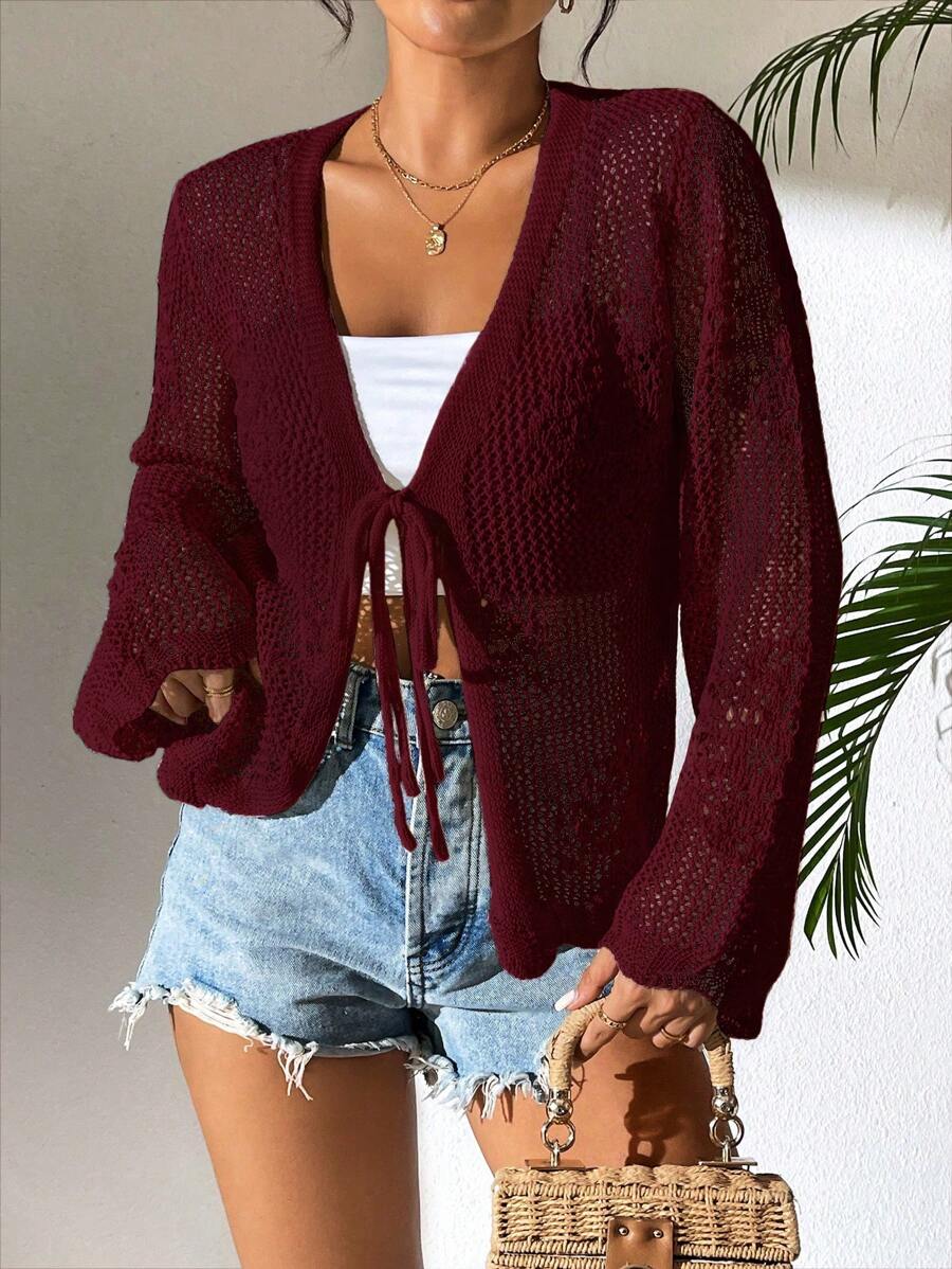 Breezaya Áo len cardigan dài tay đơn sắc khoét lỗ phía trước cho nữ - Màu Đỏ Sâu - Xem 1