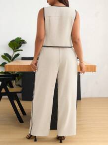 SHEIN Frenchy Conjunto de 2 piezas de talla grande con chaleco y pantalones rectos con bloques de color y ribetes para uso casual y de oficina - Albaricoque - Ver 2