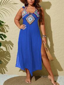 SHEIN VCAY Plus Size Women Hand Knit Patchwork Loose Casual Beach Coverup - Blue - View 4