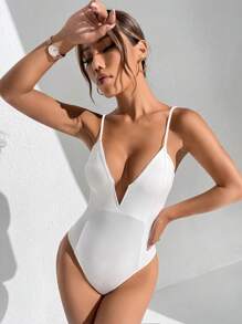 SHEIN EZwear 大码性感深 V 细肩带紧身连衣裤，春夏 - 白色 - 查看 3