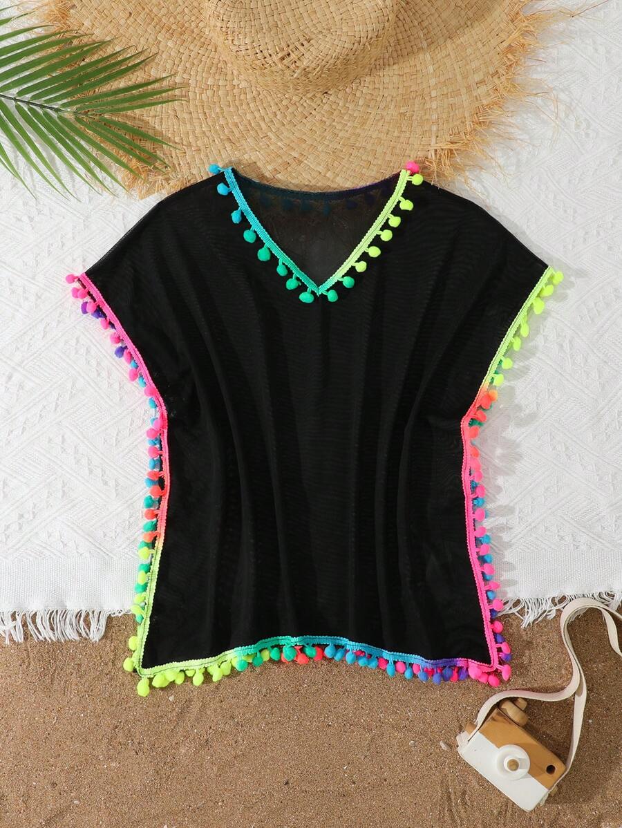SHEIN Young Girl Vacation Beach Kaftan With Colorful Pom Pom Trims - Black - View 1