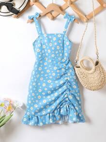 SHEIN Girls' Simple Daisy Print Asymmetrical Ruffle Bowknot Decor Camisole Sundress, Suitable For Summer Beach Vacation - Blue - View 1