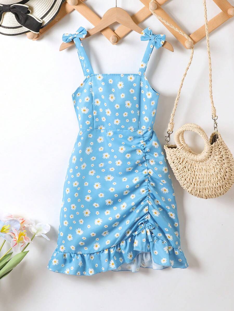 SHEIN Girls' Simple Daisy Print Asymmetrical Ruffle Bowknot Decor Camisole Sundress, Suitable For Summer Beach Vacation - Blue - View 1