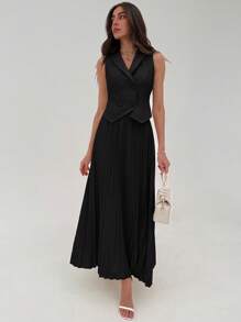 Aloruh Bộ đồ hai mảnh áo sơ mi công sở thanh lịch có nút và chân váy xếp ly dài, trang phục hẹn hò phong cách đại học đa năng, trang phục công sở thường ngày cho phụ nữ, bộ đồ mùa hè - màu đen - Xem 6