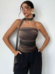 Firerie Women's Simple Elegant Fashion Sexy Romantic Tie-Dye Tie Dye Print Neck Tie Ruffle Tube Top,Rave Top - Chocolate Brown - View 4