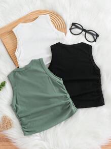 3pcs/Set Young Girl Solid Color Crewneck Fitted Casual Pleated Sleeveless Top - Multicolor - View 2