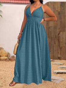 SHEIN Holidaya 大码女式纹理露背吊带海滩度假连衣裙，夏季 - 霧霾藍 - 查看 3