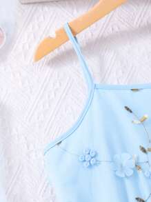 SHEIN Gaun Tali Jala Bordir Bunga Lucu dan Modis untuk Anak Perempuan Remaja - Blue and White - View 5