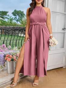 SHEIN Belle جمبسوت إليقانت للمرأة ذات الحجم الكبير، ياقة حلقية، بتجاعيد عند الذيل، شقّ في الخصر، ثنيات في الخصر - وردي - مشاهدة 4