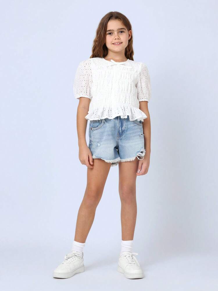 Broderie Anglaise Eyelet Puff Sleeve Smock Ruched Button Back Blouse