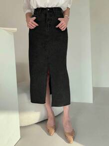 DAZY Women's Casual Washed Front Slit Denim Skirt Jeans Skirt Fall,Winter - Black - View 3