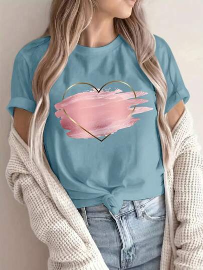 INAWLY Camiseta de manga corta y cuello redondo con estampado de corazón y grafiti rosa en estilo casual para mujer